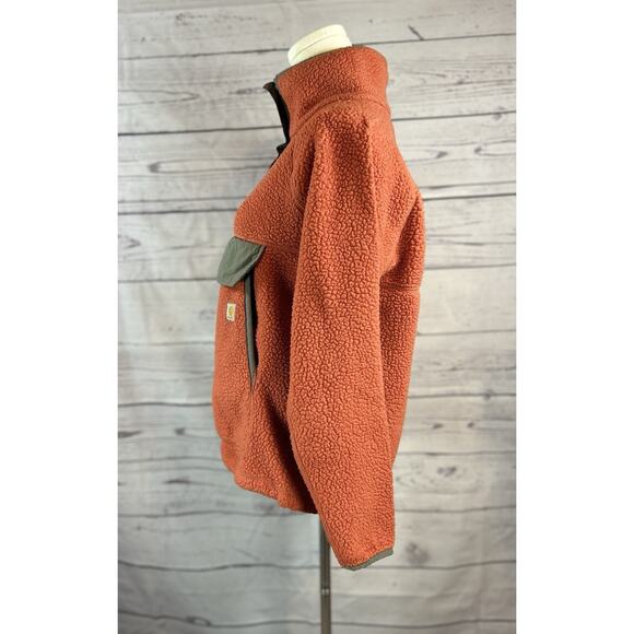 Carhartt Womens Relaxed Fit Fleece Pullover M Orange Snap Front Sherpa - Picture 4 of 9